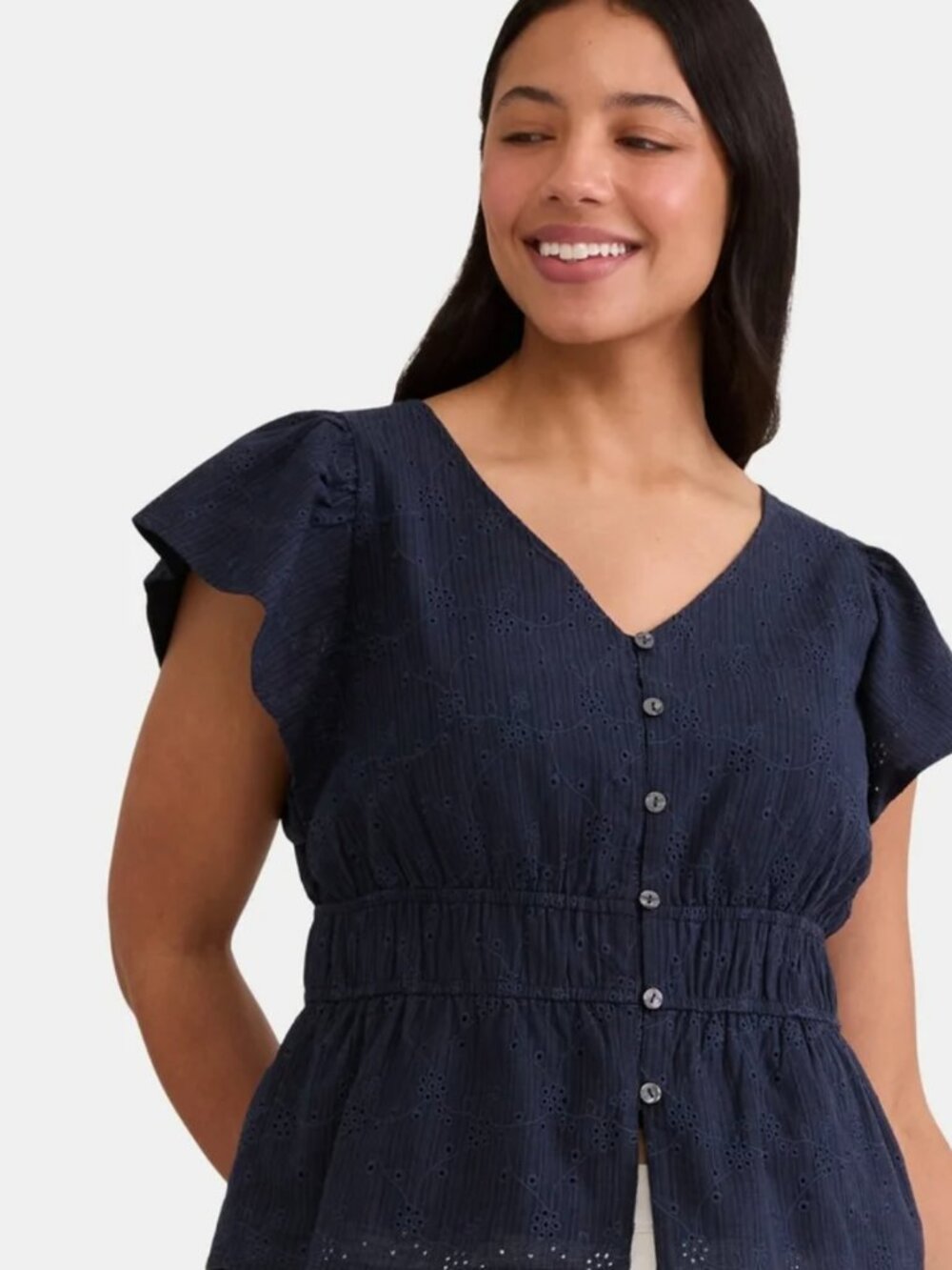 Navy Eyelet Peplum Blouse Flutter Sleeve Size M(8/10) - Picture 6 of 6